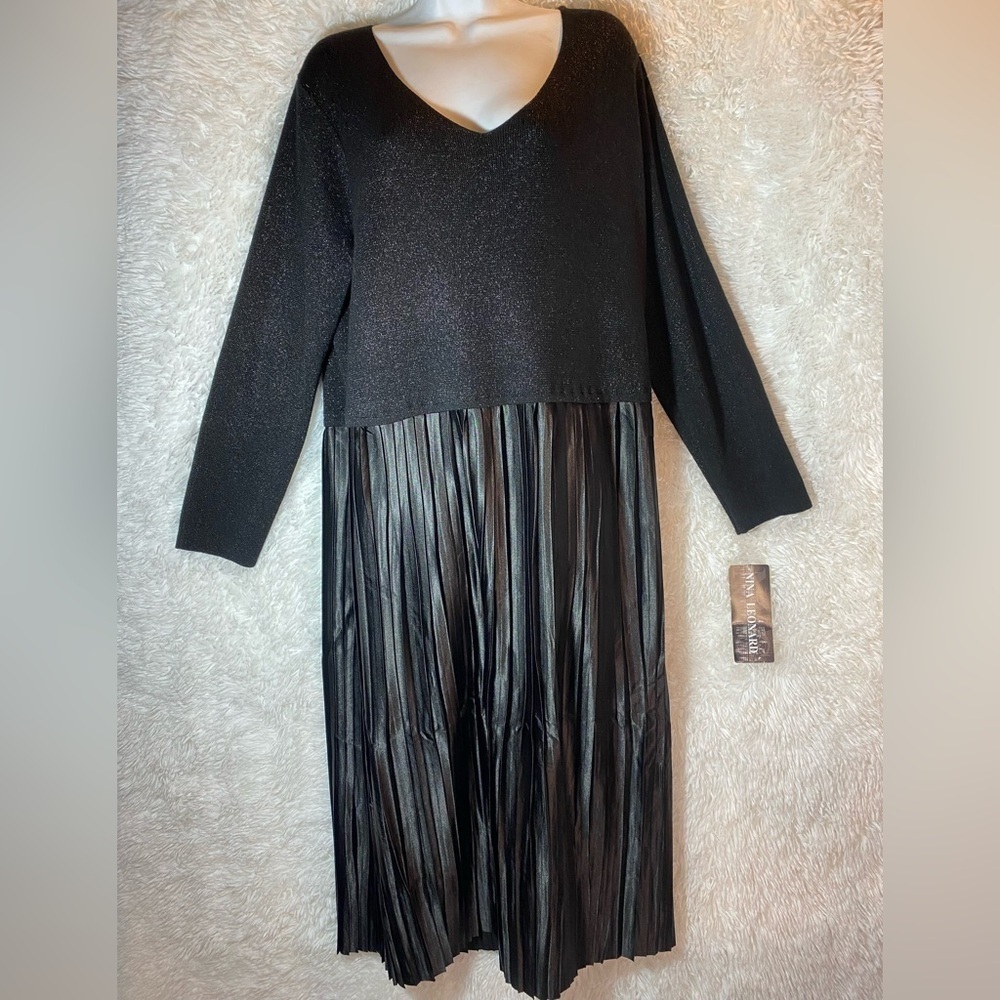Nina Leonard NWT Mixed Media Black A-Line Long Sleeve Dress.